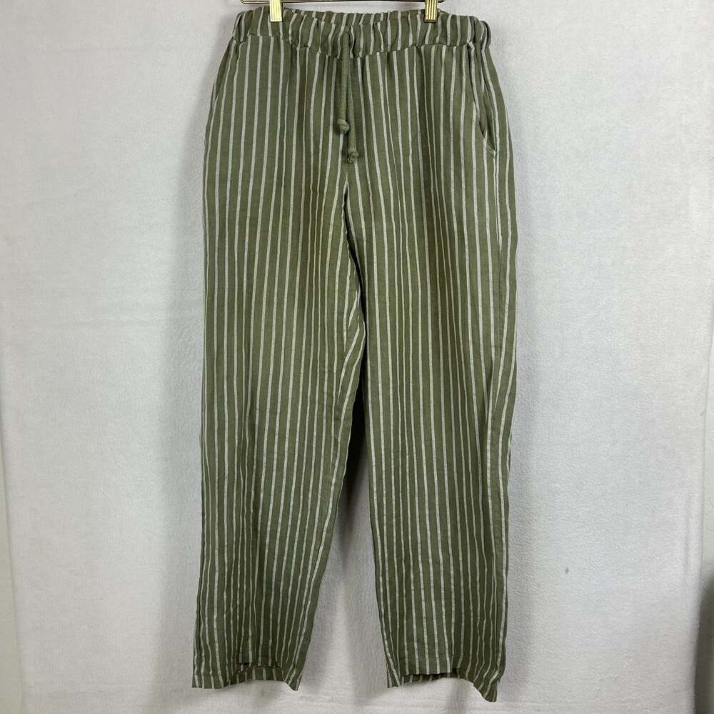 100% Lin Blanc Drawstring Linen Trousers Women's 38 Olive Green & White Striped